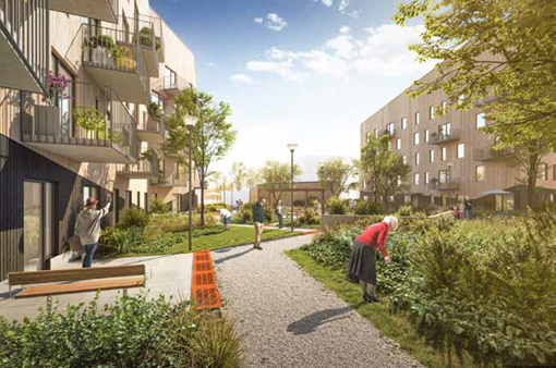 Dekorativ bild på ett hållbart bostadsområde